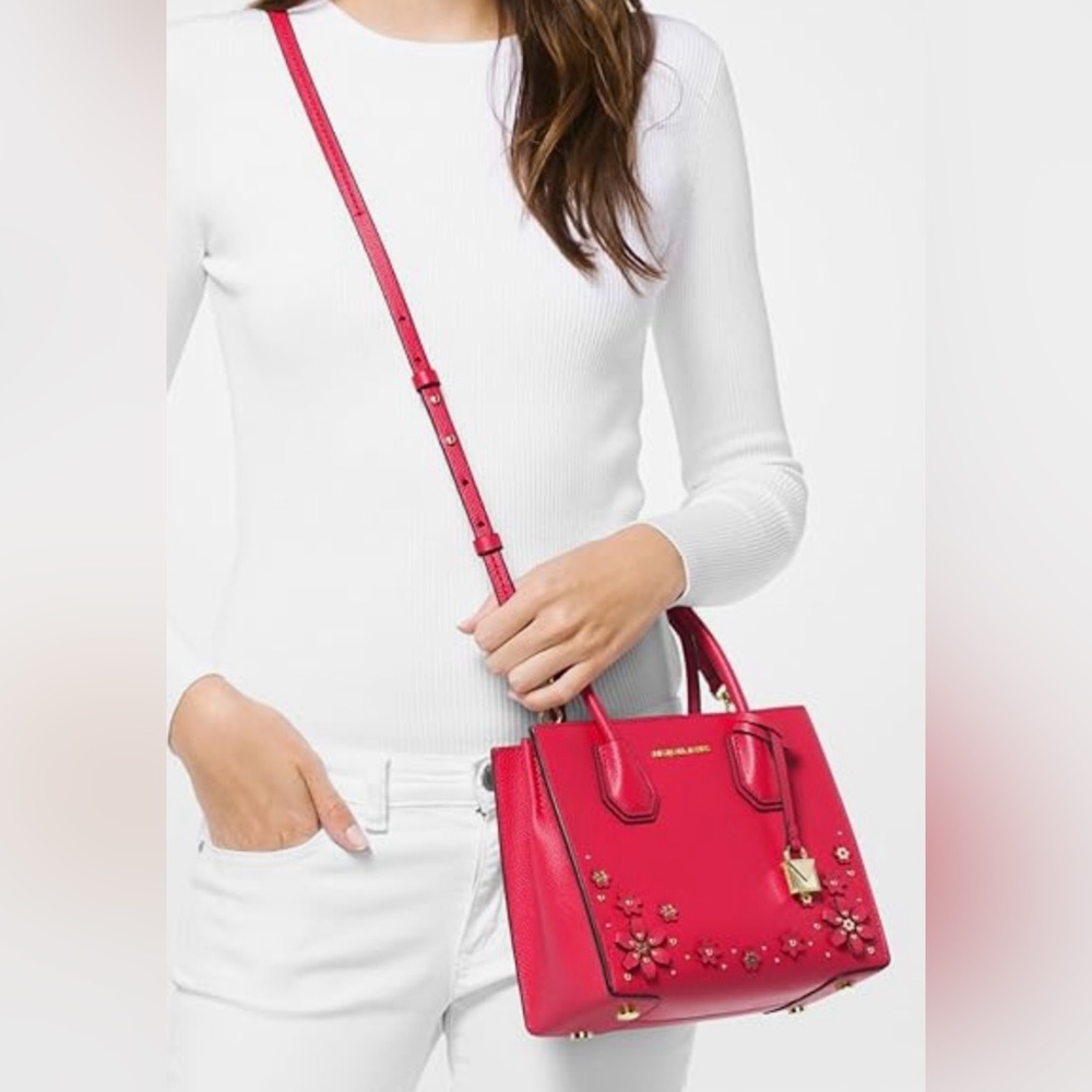 NWOT Michael Kors Deep Pink Mercer Embellished Leather 2-Way Bag - Picture 5 of 13